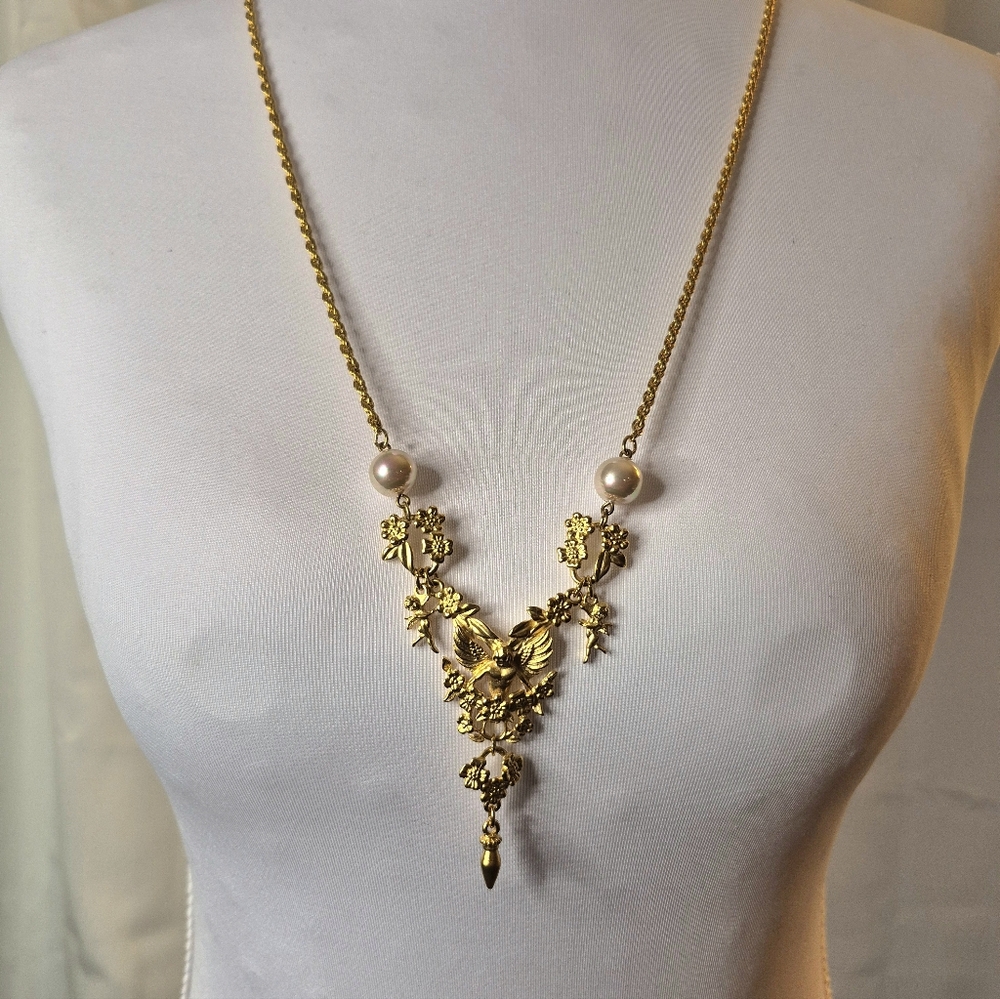Angel Cherub 28-inch Necklace and Pierced Earring Set with Pearls - Picture 2 of 10
